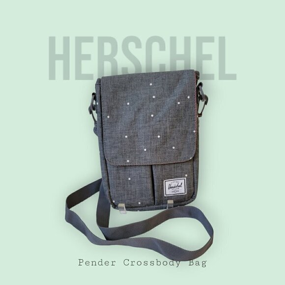 Herschel Pender Unisex Crossbody Bag - Gray with White Polka Dots - Picture 1 of 12